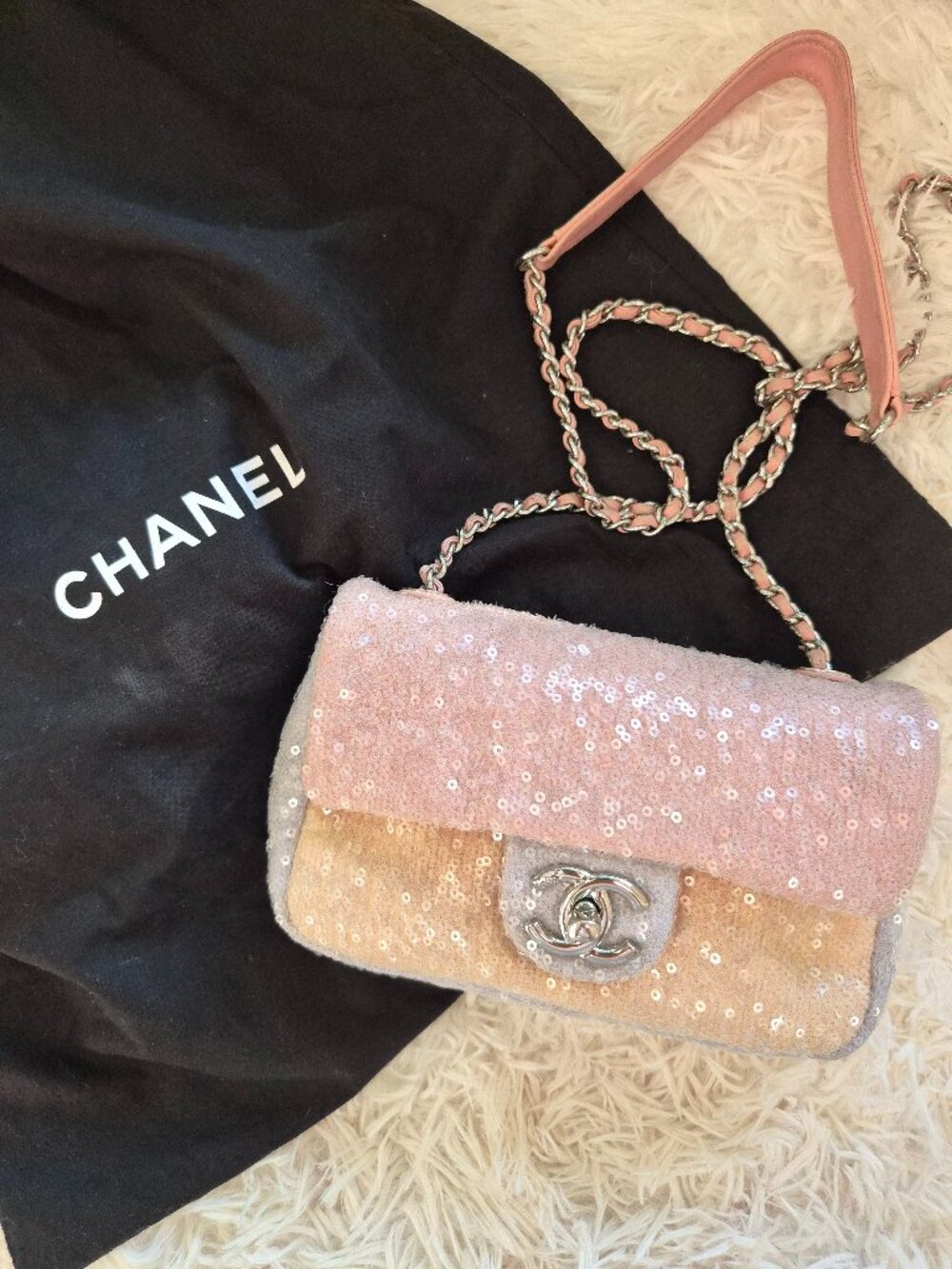 Chanel 18s Sequin mini Waterfall flap in Pink